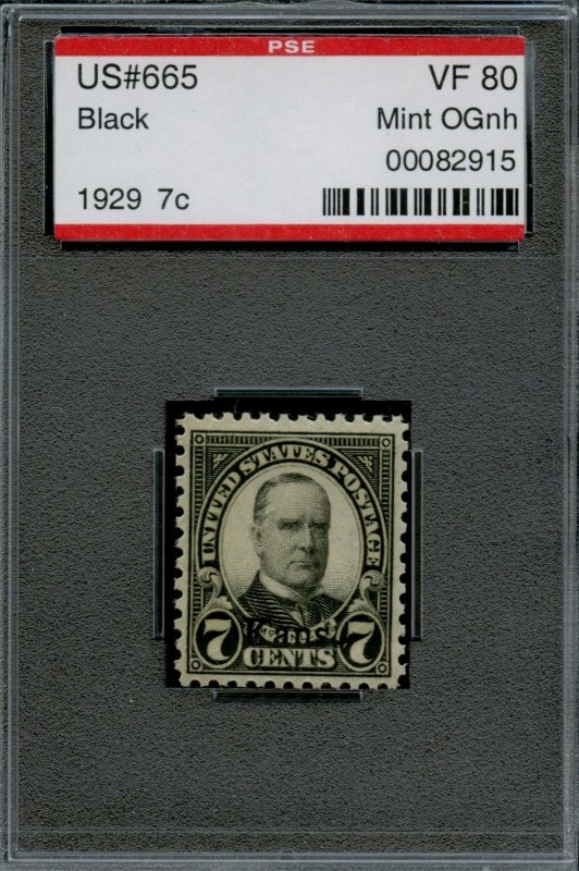 #665 BLACK 1929 7¢ VF 80 MINT OG NH PSE GRADED ENCASED