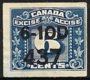 CANADA REVENUES 1934-48 6c Imperforate EXCISE TAX VDM. FX100 Precancel Used