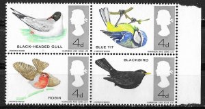 Great Britain # 464a  Birds - block/4  BROWN OMITTED   (1) Mint NH