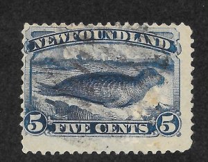 Newfoundland Scott 54 UH - 1887 5c Dark Blue Harp Seal - SCV $10.00