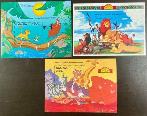 Uganda Disney 3 Lion King, Simba, Timon Souvenir Sheets 1994