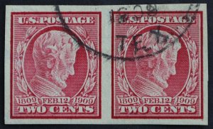 U.S. Used #368 2c Lincoln Pair, XF. 1909 Early Usage CDS Cancel. Scott: +$50.00