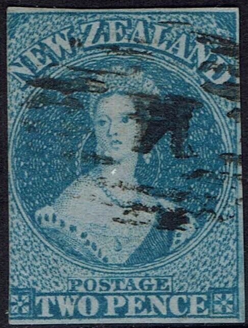 NEW ZEALAND 1855 QV CHALON 2D IMPERF NO WMK ON BLUED PAPER USED 
