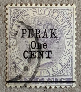 Perak 1891 1c on 6c, used. Scott 33, CV $95.00. SG 46