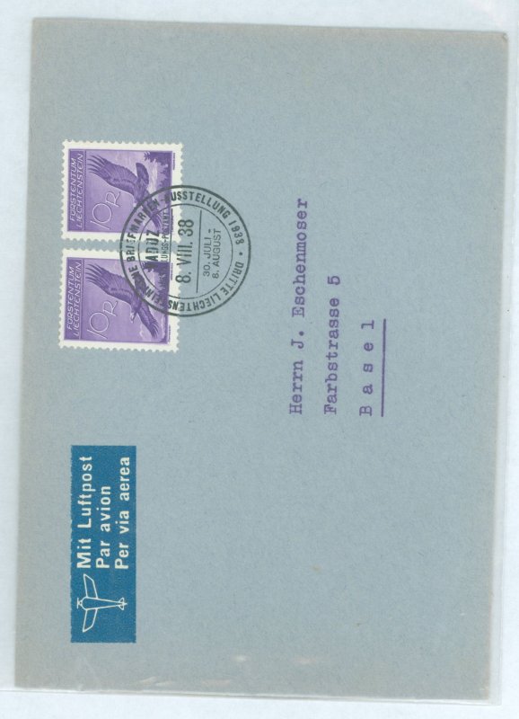 Liechtenstein C9 1938 Airmail cover to Switzerland 10 rp Eagle x 2