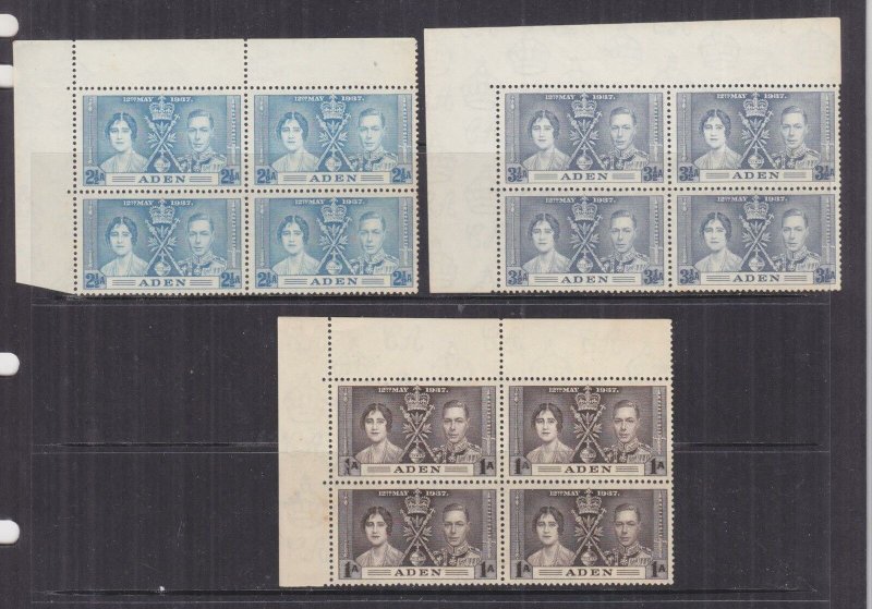 ADEN, 1937 Coronation set of 4, corner blocks of 4, mnh., lhm. in margins.