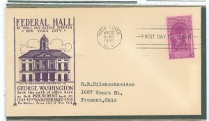 US 854 1939 3c Washington inauguration on an addressed (typed) FDC with a Masonic stamp club cachet