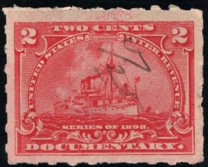 R164p 2¢ Battleship Documentary Stamp: Hyphen Hole  Perf 7 (1898) Used