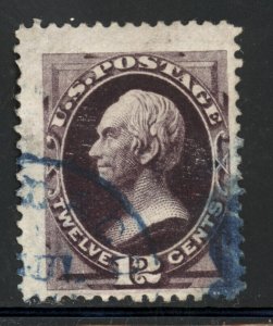 SCOTT 162 1873 12 CENT CLAY REGULAR ISSUE USED BLUE CANCEL F-VF CAT $95!