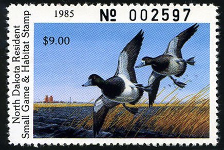 United States, Duck Hunting - State #ND41 Cat$20, North Dakota, 1985 $9 Blueb...