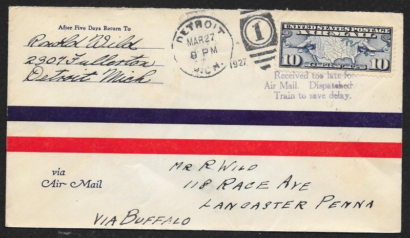 UNITED STATES First Flight Cover 1927 Detroit to Lancaster Delayed sent by train