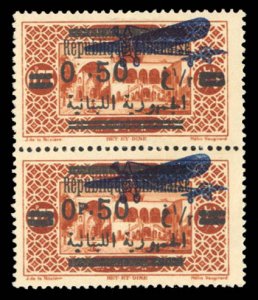 Lebanon #C37c, 1929 .50p on .75., vertical pair, top stamp with p omitted,...