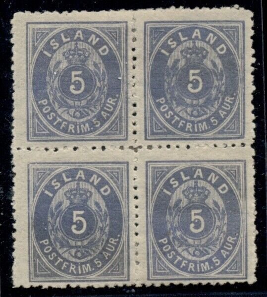 ICELAND #8 (23) 5aur blue p. 12 ½, og, hinged, Block of 4, VF, ex. Swanson,