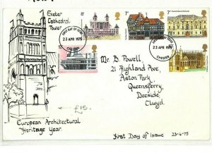 GB HAND-ILLUSTRATED FDC 1975 *Exeter Cathedral* TOWER Devon ARCHITECTURE AO137