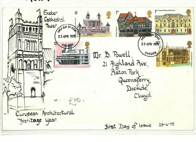 GB HAND-ILLUSTRATED FDC 1975 *Exeter Cathedral* TOWER Devon ARCHITECTURE AO137