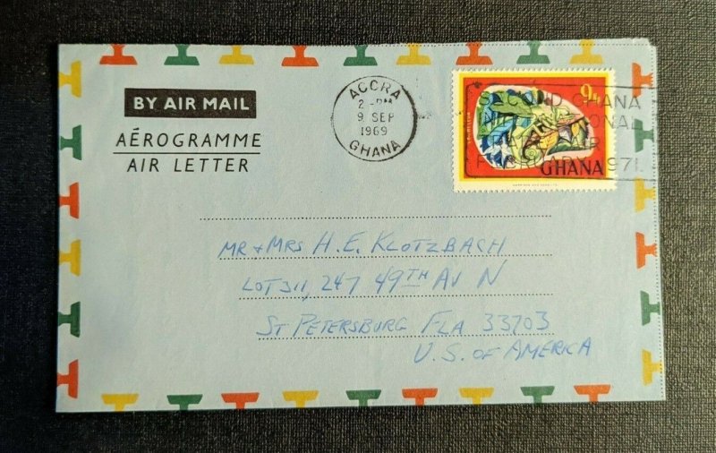 1969 Accra Ghana Aerogramme Airmail Cover to St Petersburg FL USA