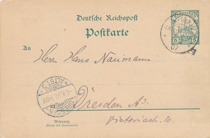 Caroline Islands Mi P7 Used Postal Card Truk 1907 Rcvd Dresden Germany - pm 1907