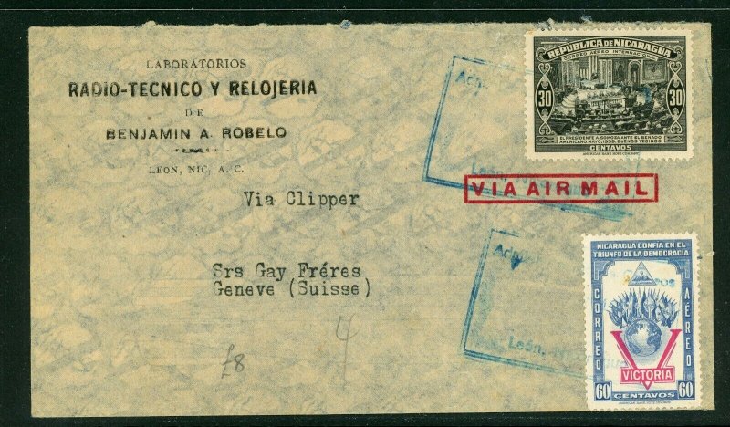 Nicaragua 1944 Airmail Registered Cover to Switzerland U688 ⭐⭐⭐⭐⭐