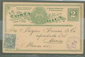 Costa Rica UX 1895 2 cent Green P.C. + 1 cent stamp for foreign rate. Used San Jose to Mexico. Commercial printed message on Rev