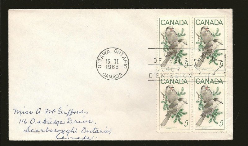 Canada 478 Block of 4 Gray Jays 1968 First Day Cover