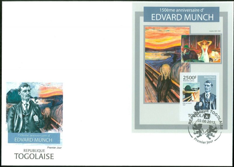 TOGO 2013 EDVARD MUNCH 150TH BIRTH ANNIVERSARY SOUVENIR SHEET FDC