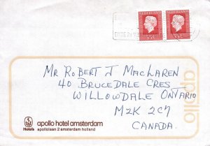 APOLLO HOTEL AMSTERDAM STATIONERY TO CANADA DUAL FRANKING c. 1985