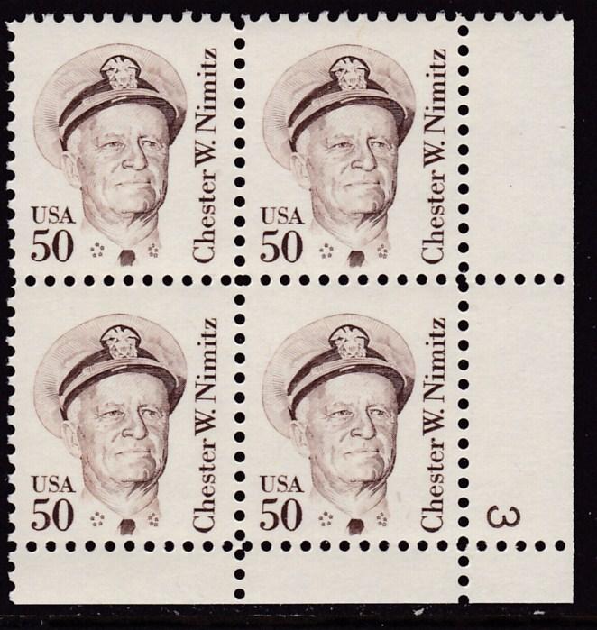 U.S. 1980 Great American 50cent Chester Nimitz Plate Number Block VF/NH