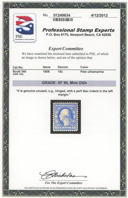 USA 340 - 15 cent Washington PSE Graded Cert: XF 90 Mint OG hinged