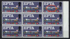 GB 1967 EFTA 1/6d r13/6 fuselage flaw unmounted mint marginal block of 9