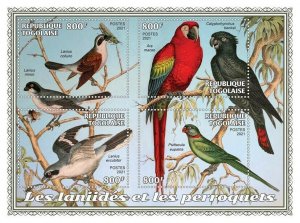 Togo 2021 MNH Birds on Stamps Shrikes Parrots Macaws Parakeets 4v M/S