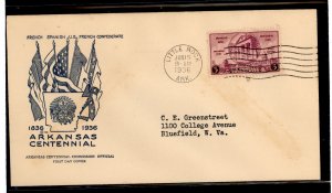 US 782 (1936) 3 cent Arkansas Centennial (single) on an addressed (typed) First Day Cover with a Arkansas Centennial Commission