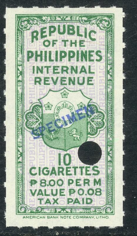 PHILIPPINES c1950 10 at P8.00 Per M Cigarette Tax Paid REVENUE SPECIMEN