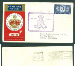 Great Britain. 1953 Cover Coronation Sc# 316. Qantas Airline. Adr:Qantas, Austr.