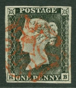 SG 2 1d black plate 1a lettered HB. Very fine used with a red Maltese cross...