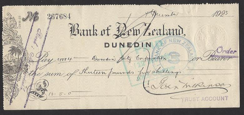 NEW ZEALAND 1923 2d EMBOSSED REVENUE on BANK CHEQUE PLATE A 10 23 7