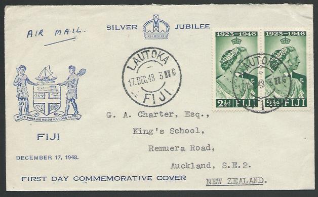 FIJI 1948 Silver Wedding 2½d pair on commem FDC - Lautoka cds..............10234