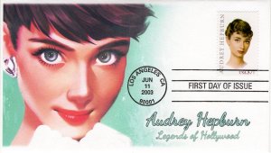 AO-3786-1, 2003, Audrey Hepburn, Add-on Cachet, First Day of Issue, SC 3786