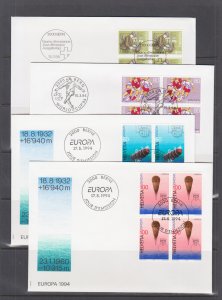 Switzerland Mi 1516/1535, 1994 issues, 9 complete sets in blocks of 4 on 16 FDCs