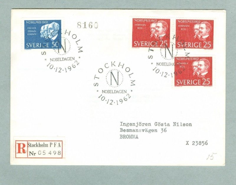 Sweden FDC 1962. Nobel-Prize 1902. Registered. Engrav:Wallhorn. Address. Bromma. 