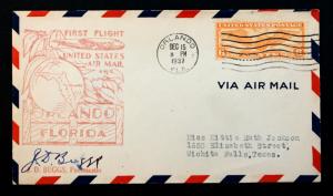 US #C19 FIRST FLIGHT AM-6 ORLANDO DEC 15,1937 Signed by Postmaster