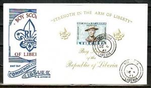 Liberia, Scott cat. C136. Boy Scouts s/sheet on a First day cover.