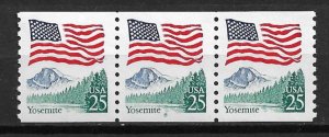 1988 Sc2280 25¢ Flag & Yosemite coil plate #8 strip of 3 MNH