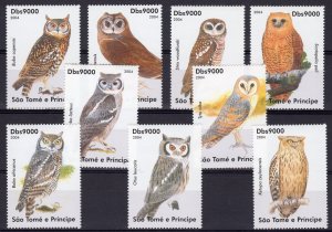 Sao Tome and Principe 2004       OWLS - BIRDS     Set Perforated (9)  MNH