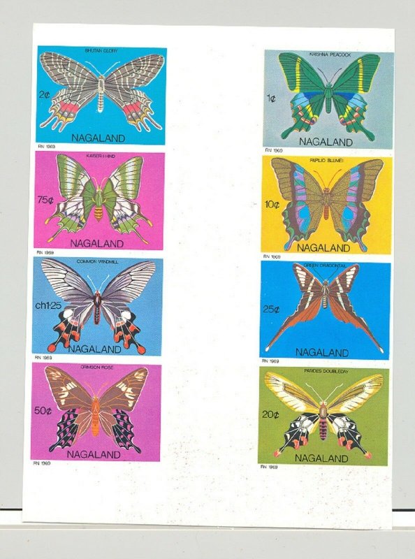 Nagaland (Propaganda) 1969 Butterflies 8v Imperf x 1v Cross Gutter Proof Block