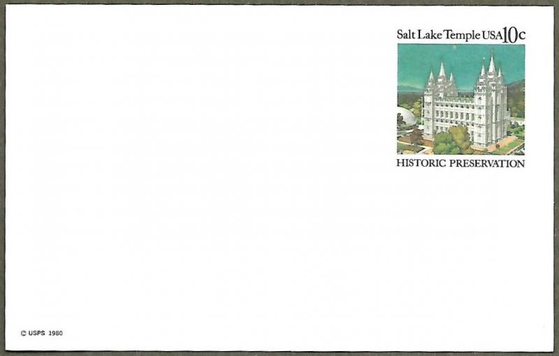 United States #UX83 10c Salt Lake Temple, Historic Preservation Unused (1980)