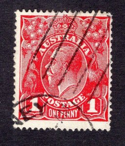 Australia 1914 1p carmine rose Geo. V, Scott 21a used, value = $6.00