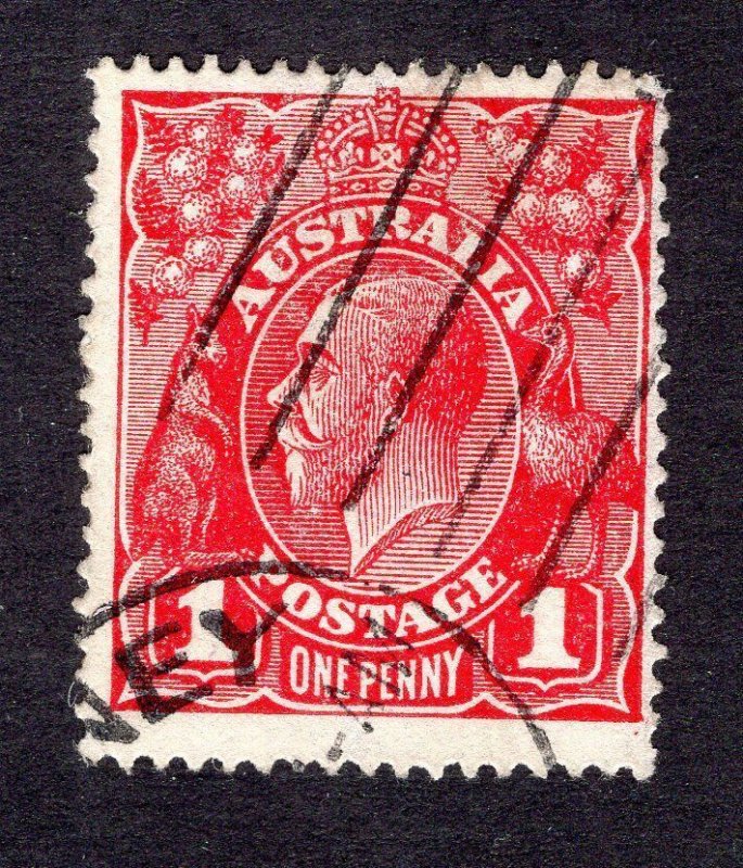 Australia 1914 1p carmine rose Geo. V, Scott 21a used, value = $6.00