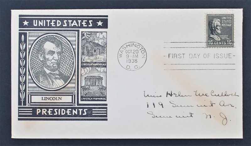 US #821 FDC Staehle M-19 1938 Washington DC 16 Cents Lincoln Prexy Prexie