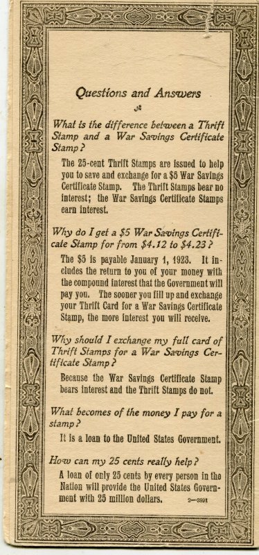 #WS1  ON US GOV'T THRIFT CARD WAR SAVINGS STAMP ⭐⭐⭐⭐⭐⭐