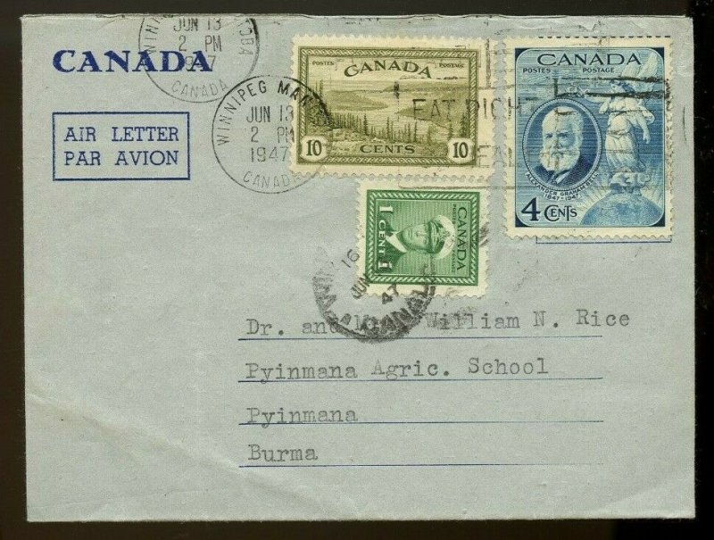 15 cent AIR LETTER to BURMA Asia Rec'r 1947 airmail PEACE issue Canada